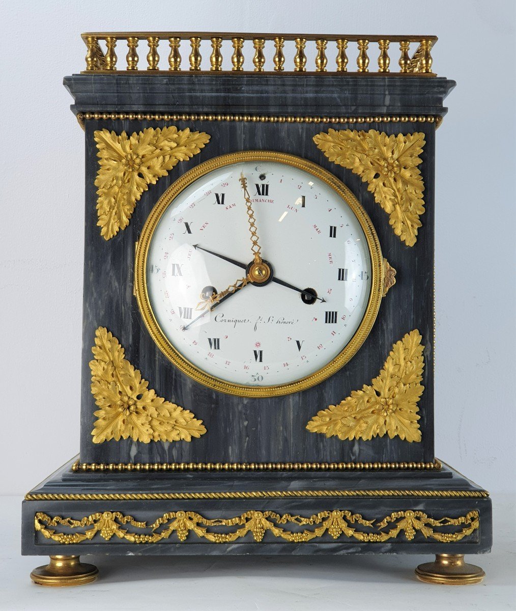 Directoire Clock In Marble Bronze Dore Corniquet Paris 18th Century