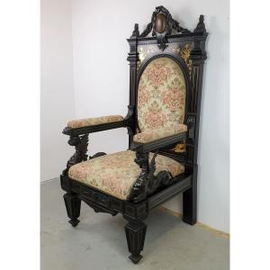 Large Napoleon III Sculpted Marquetry Throne Armchair