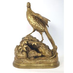 Large Bronze Figure Pheasant And Fox A. Dubucand 70 Cm