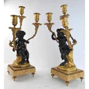 Candelabra In Clodion Bronze Marble 19th Century Figure