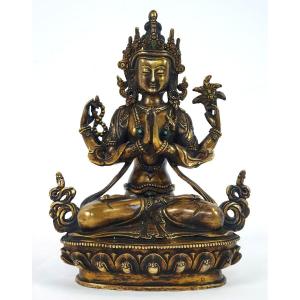 Buddha Bodhisattva En Bronze Décoré De Pierres 23 Cm