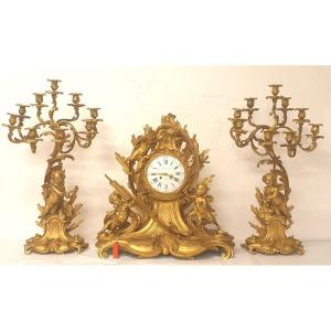 Spectacular Raingo Fres Clockset In Gilded Bronze 19th Century