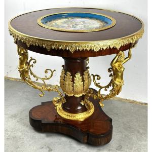 Round Table With Sevres Porcelain Plate Gilded Bronze Marquetry 19th Century