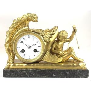 Empire Clock Cupid Under The Helmet Of Minerva 19th Century Gilt- Brozne Marble