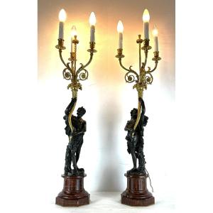 Pair Of Clodion Candelabra Claude Michel Bronze Red Marble 19th Century