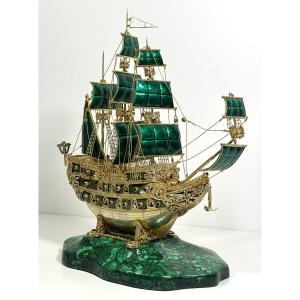 Galleon In Gilded Silver And Green Enamel Austria-hungary 19th Century Malachite Base