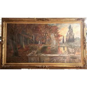 Grand Tableau à l'huile Paysage d'un Jardin d'Automne XIXe 165 x 265 cm