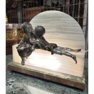 Lampe Art Déco Enfants Bronze Argenté Onyx et Marbre 1930