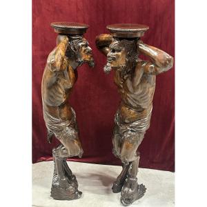 Pair Of Console Tables In The Shape Of Satyrs – Carved Wood, Late 19th Century