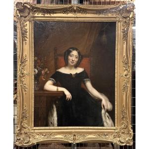 Grand Portrait de Femme, signé J. Braudin,  et daté 1843, Huile sur Toile