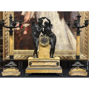 "cupid And Psyche" Clockset Patinated Bronze And Siena Marble, Charles X Period, Circa 1830