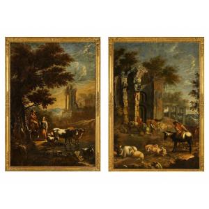 Paire de Grands Paysages Pastoraux à Ruines, Italie du Nord, fin du XVIIe