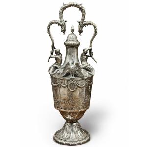 Decorative Silver Decanter Vase .800 With Tritons And Eagle 1.45kg