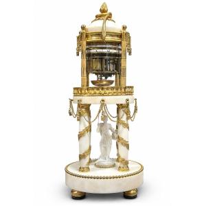 Pendule À Cercles Tournants D’Époque Louis XVI, Marbre De Carrare Et Bronze Doré