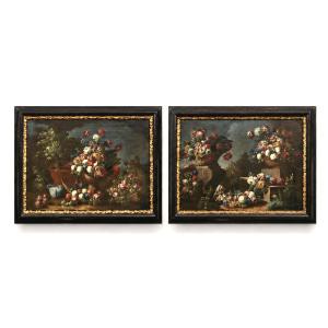 Pair Of Floral Still Lifes, Neapolitan School, Oil On Canvas, 18th Century