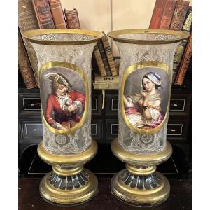 Paire de Grands Vases en Cristal Gravé et Peint, Attribuée à Baccarat, Napoléon III