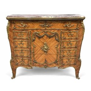 François Linke — Louis XV-style Chest Of Drawers In Veneered Wood, Gilded Bronze, And Marble