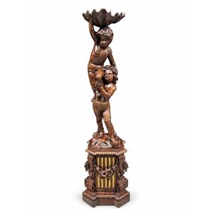 Wooden Sculpture Depicting Two Children, Attributed To Valentino Panciera Besarel (1829–1902)