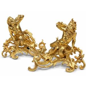 Pair Of Louis XV-style Gilded Bronze Andirons With Tritons, 19th Century