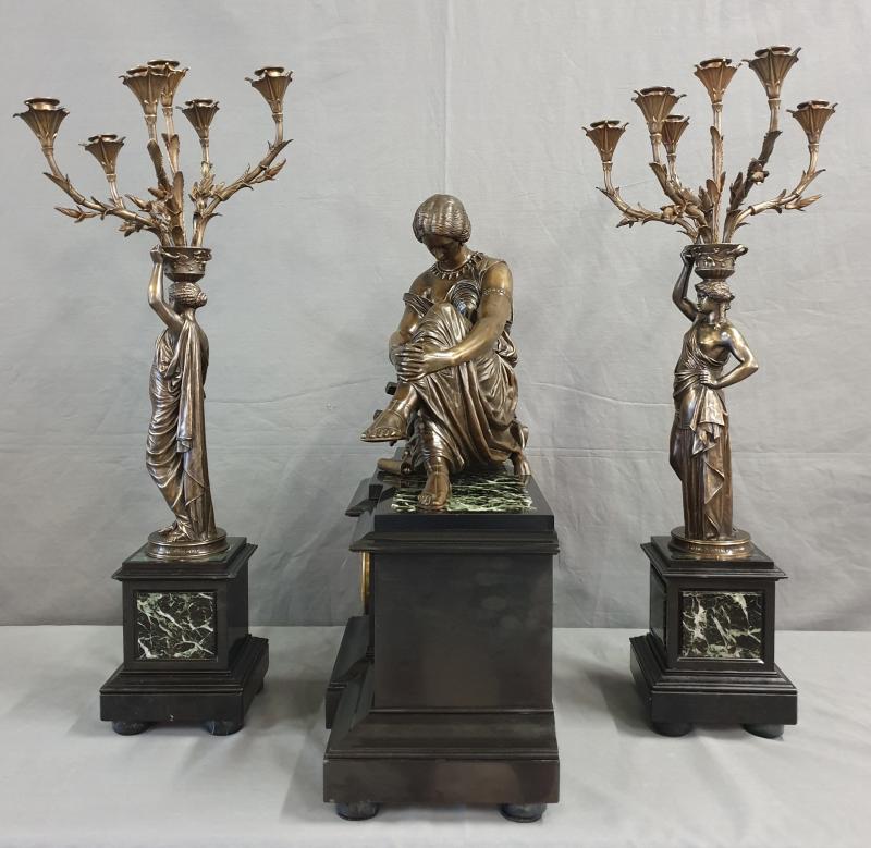 Large Clockset Signed J Pradier Bronze Green Marble Lve Robert Mantel Clocks