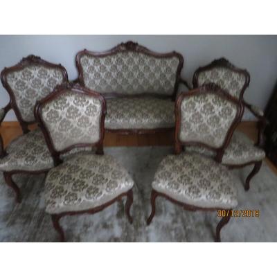 Louis XVI Style Living Room In Carved Wood Walnut