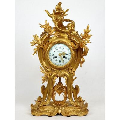 Clock In Bronze Gilded Rococo Style Putto 19th Century