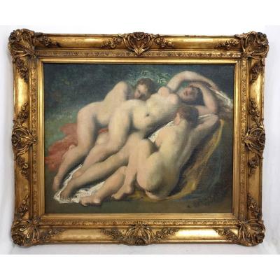 Huile Sur Toile Trois Nymphes J. Schonorock 96 X 115 Cm 19eme Siecle