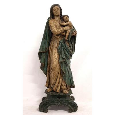 Figure Mother Of God With Child 18th Century Polychrome