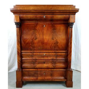 Secretary Of Biedermeier Mahogany On Columns From The Nineteenth Century