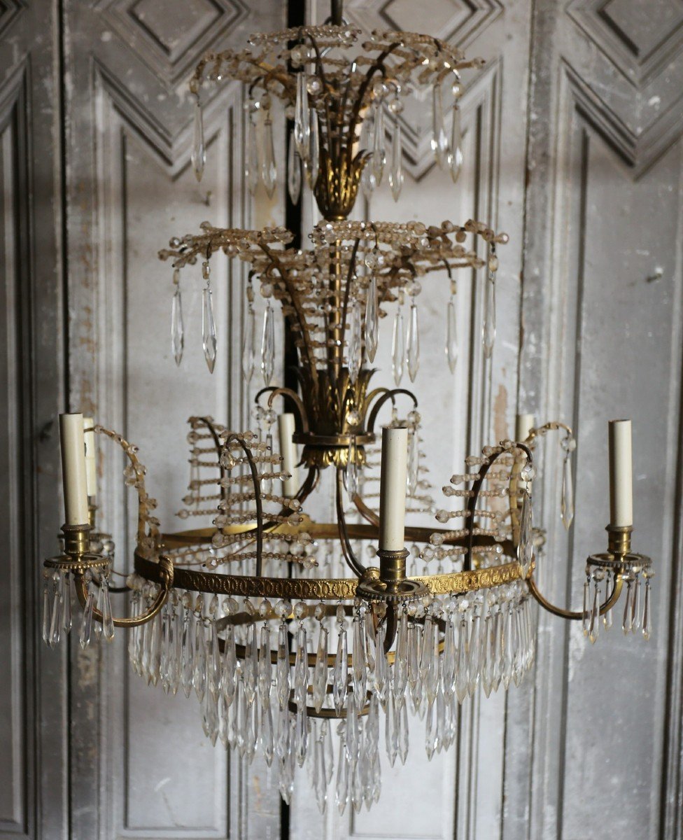 Proantic: Lustre 6 Lumières En Bronze Doré Et Cristaux Style Europe