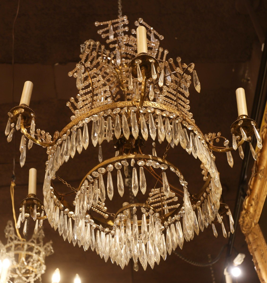 Proantic: Lustre 6 Lumières En Bronze Doré Et Cristaux Style Europe