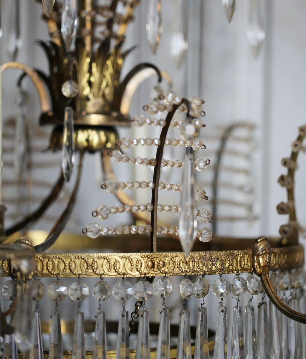 Proantic: Lustre 6 Lumières En Bronze Doré Et Cristaux Style Europe