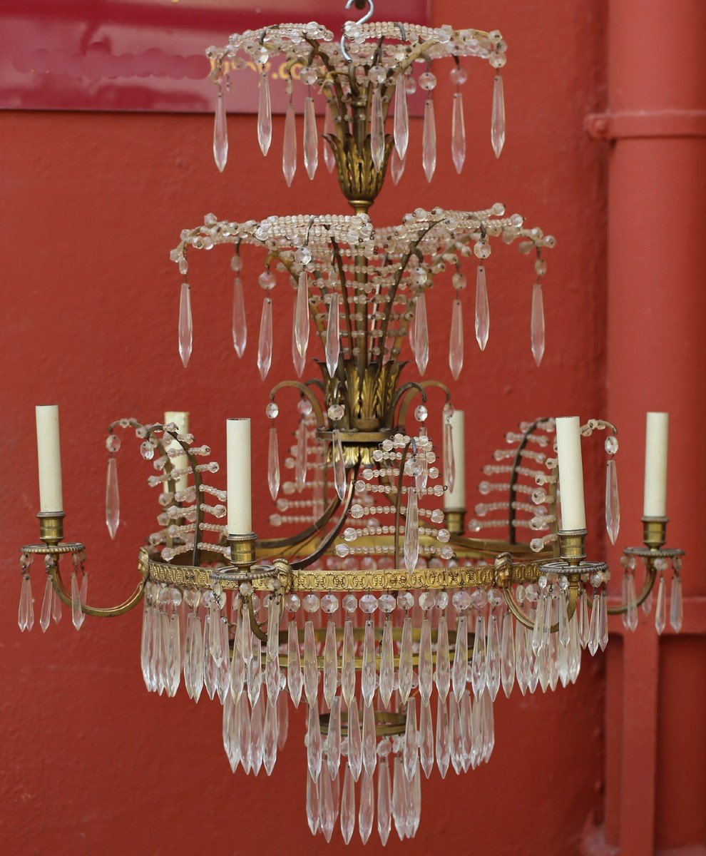Proantic: Lustre 6 Lumières En Bronze Doré Et Cristaux Style Europe