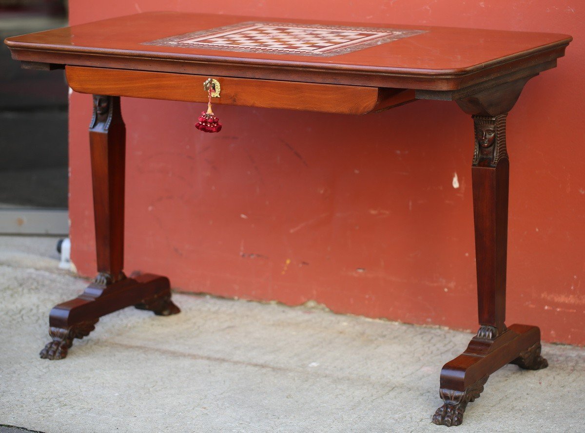 Table à Jeu Style Empire En Acajou Et Placage d'Acajou, Italie Début XIXème.-photo-2