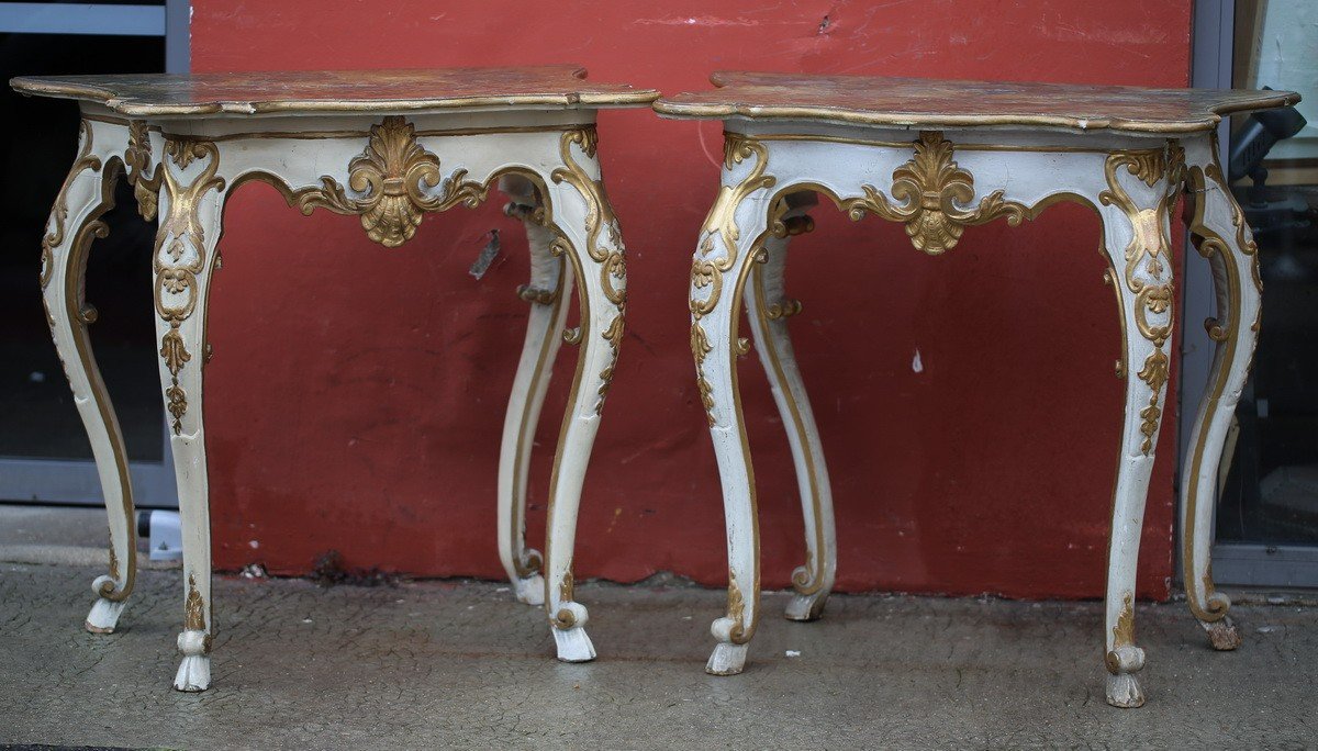 Pair Of Consoles Italy XVIII, Relacquered And Gilded Wood.-photo-2