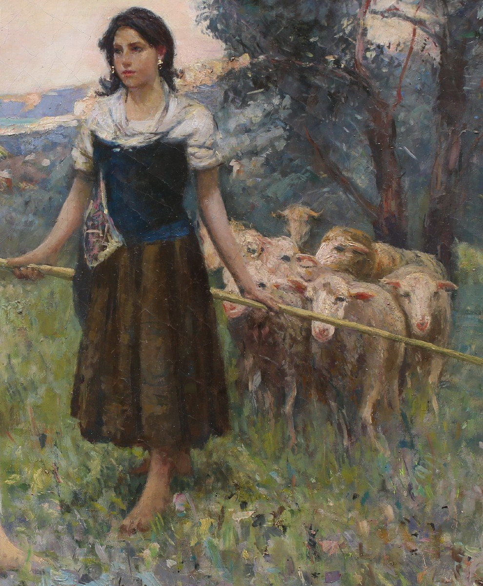 Italian School Early 20th Century, Shepherdesses And Sheep In A Landscape.-photo-4