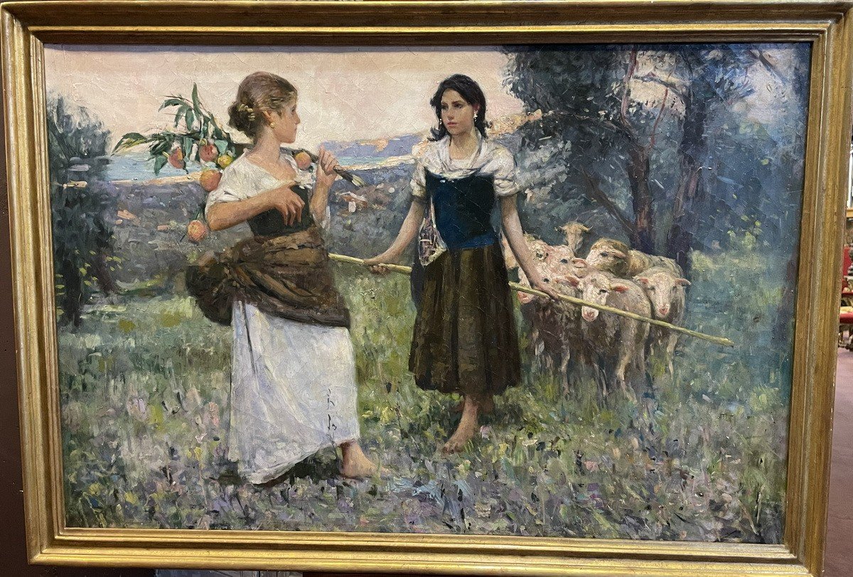 Italian School Early 20th Century, Shepherdesses And Sheep In A Landscape.