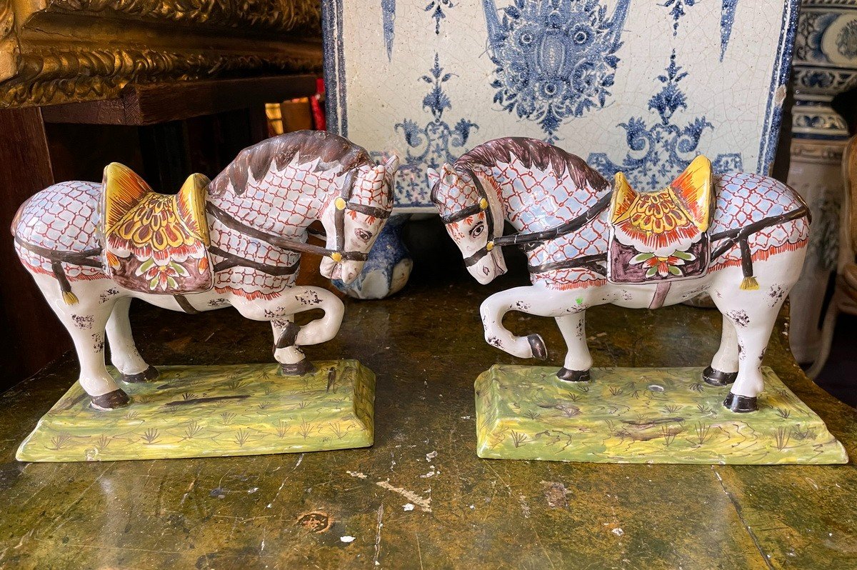 Delft Earthenware Horses, XIXe-photo-1