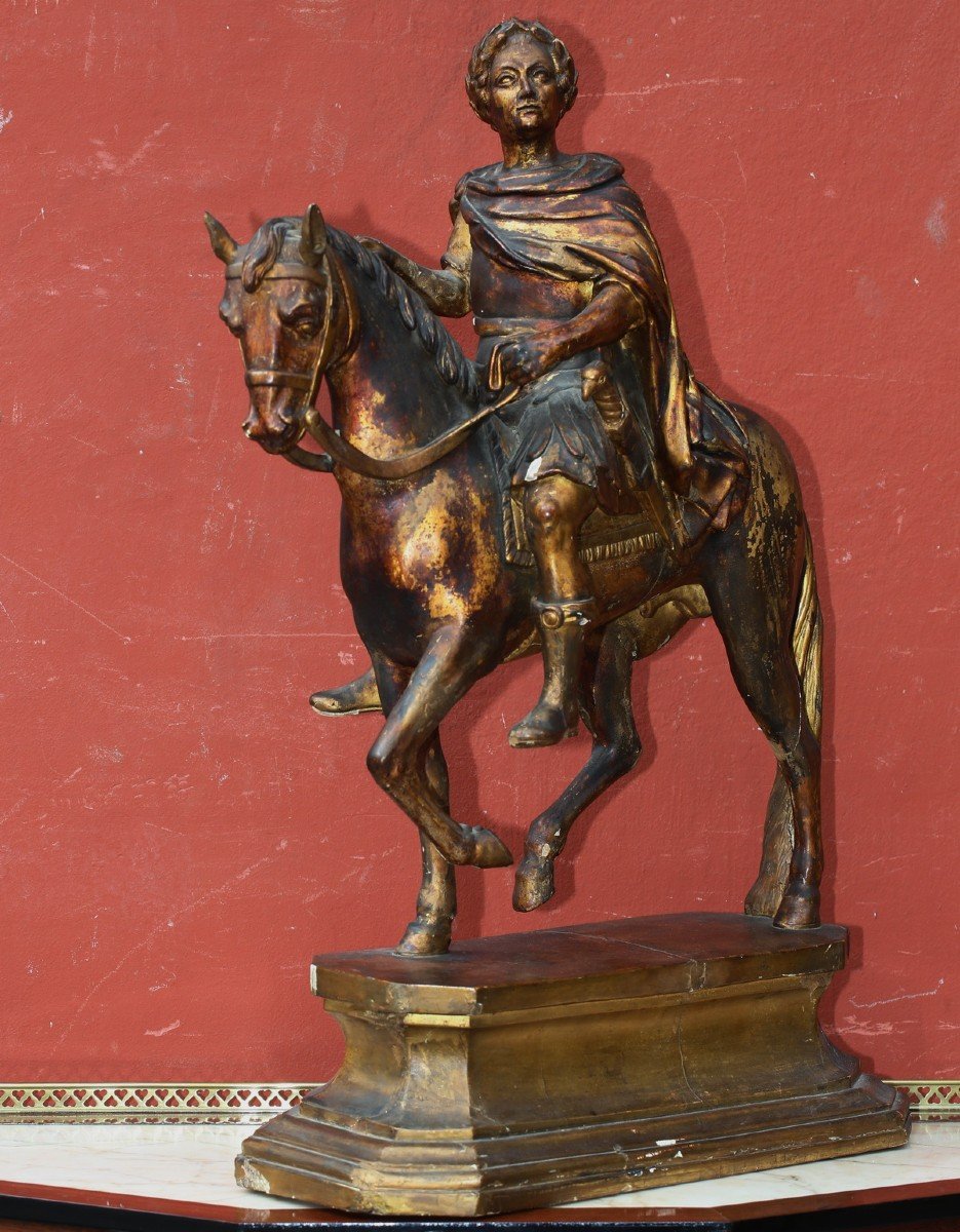 Louis XV à Cheval, En Empereur Romain, Sculpture En Bois Doré-photo-2