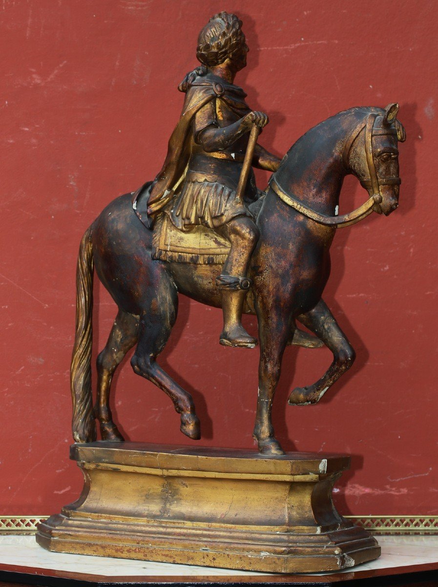 Louis XV à Cheval, En Empereur Romain, Sculpture En Bois Doré-photo-3