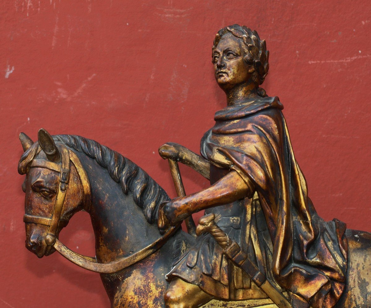 Louis XV à Cheval, En Empereur Romain, Sculpture En Bois Doré-photo-4