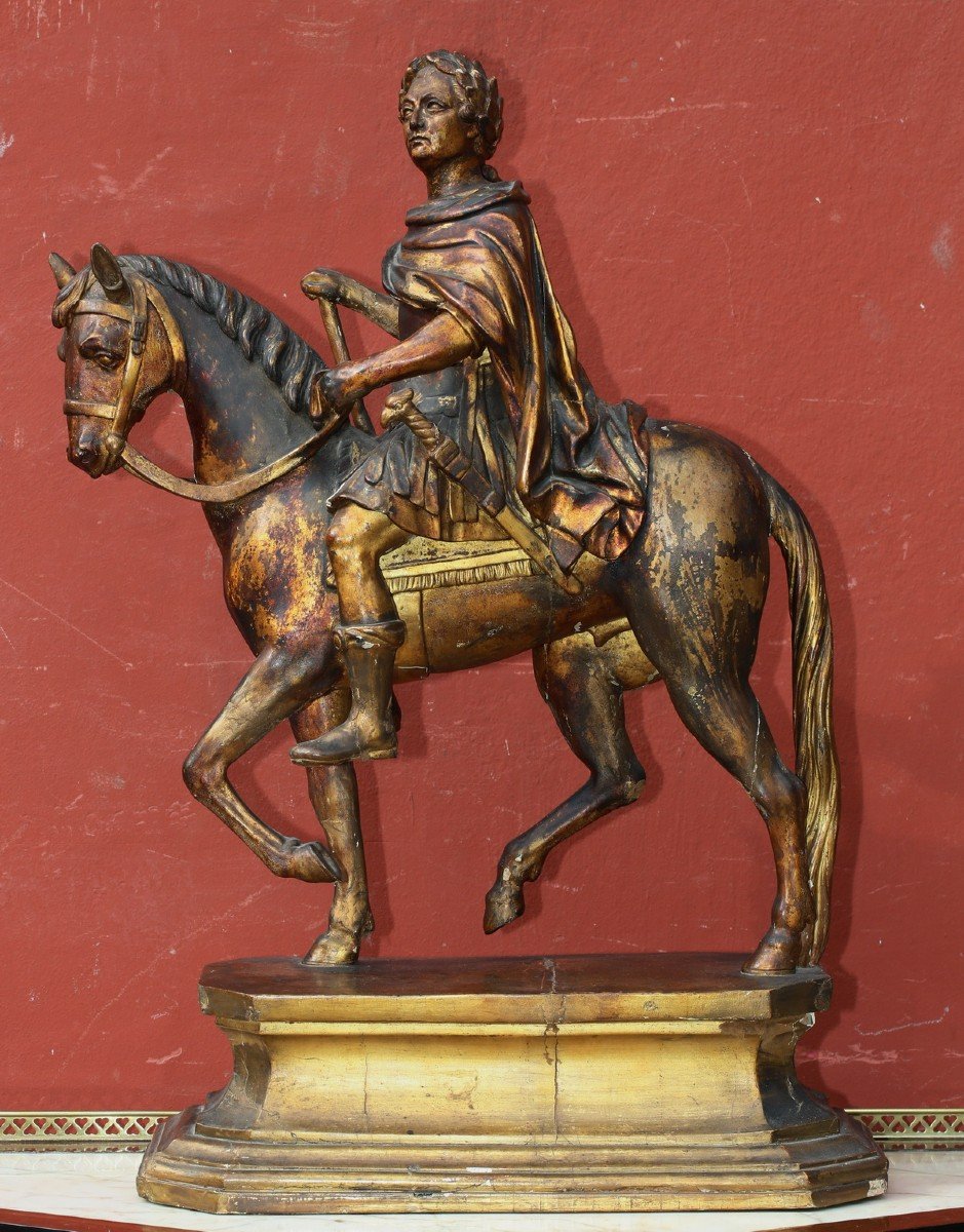Louis XV à Cheval, En Empereur Romain, Sculpture En Bois Doré