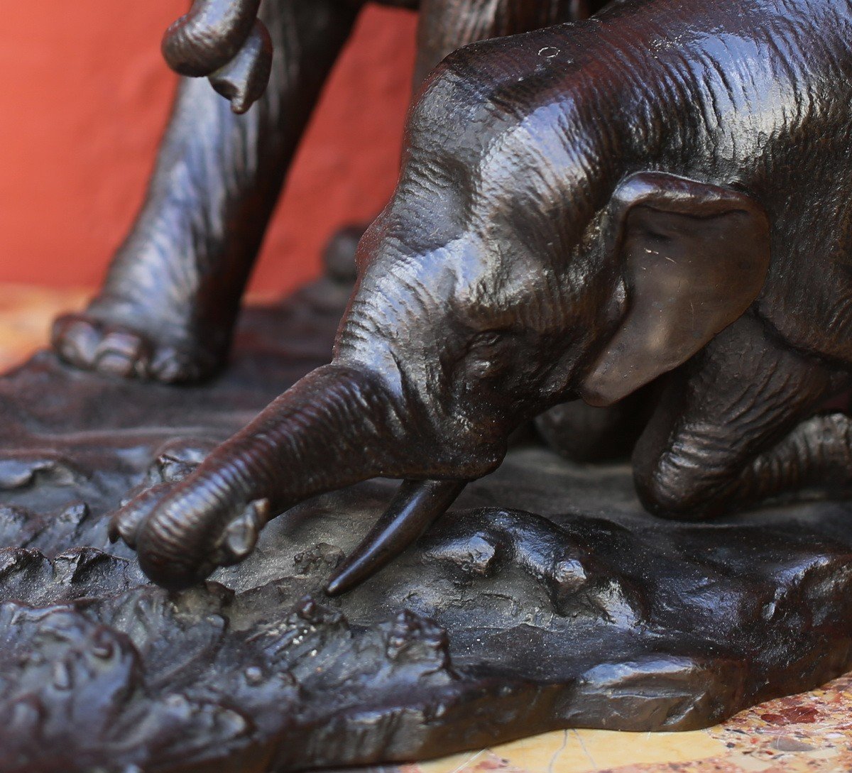 Japanese School Edo Period, Two Elephants Drinking, Signed Bronze Proof.-photo-3