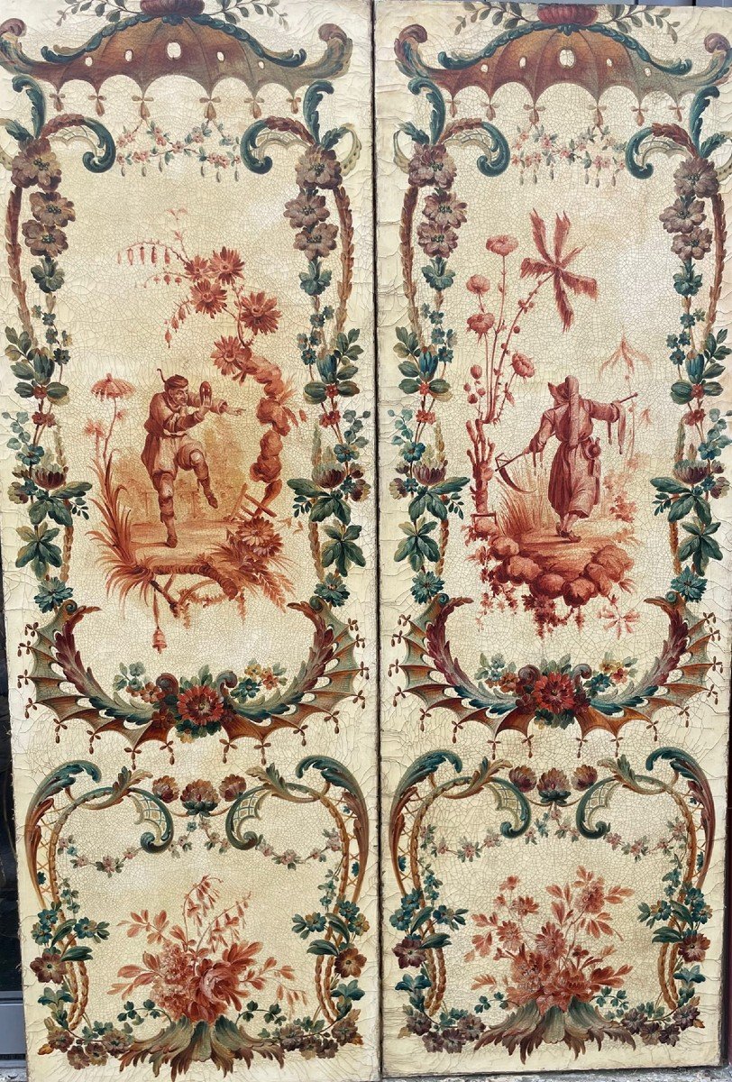 Pair Of Panels Decorated With Chinoiserie From The Late 19th Century.