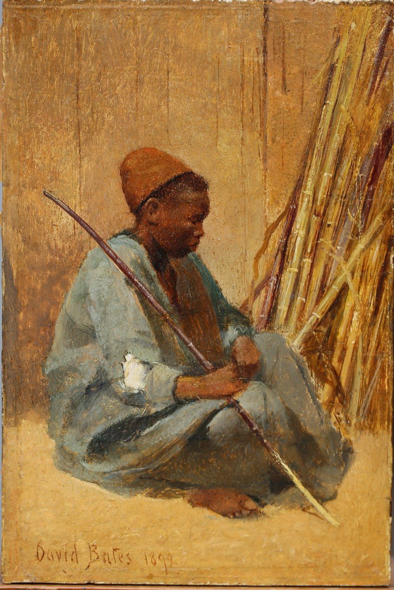 David Bates 1840-1921, Jeune Arabe Assis, Peinture .-photo-2