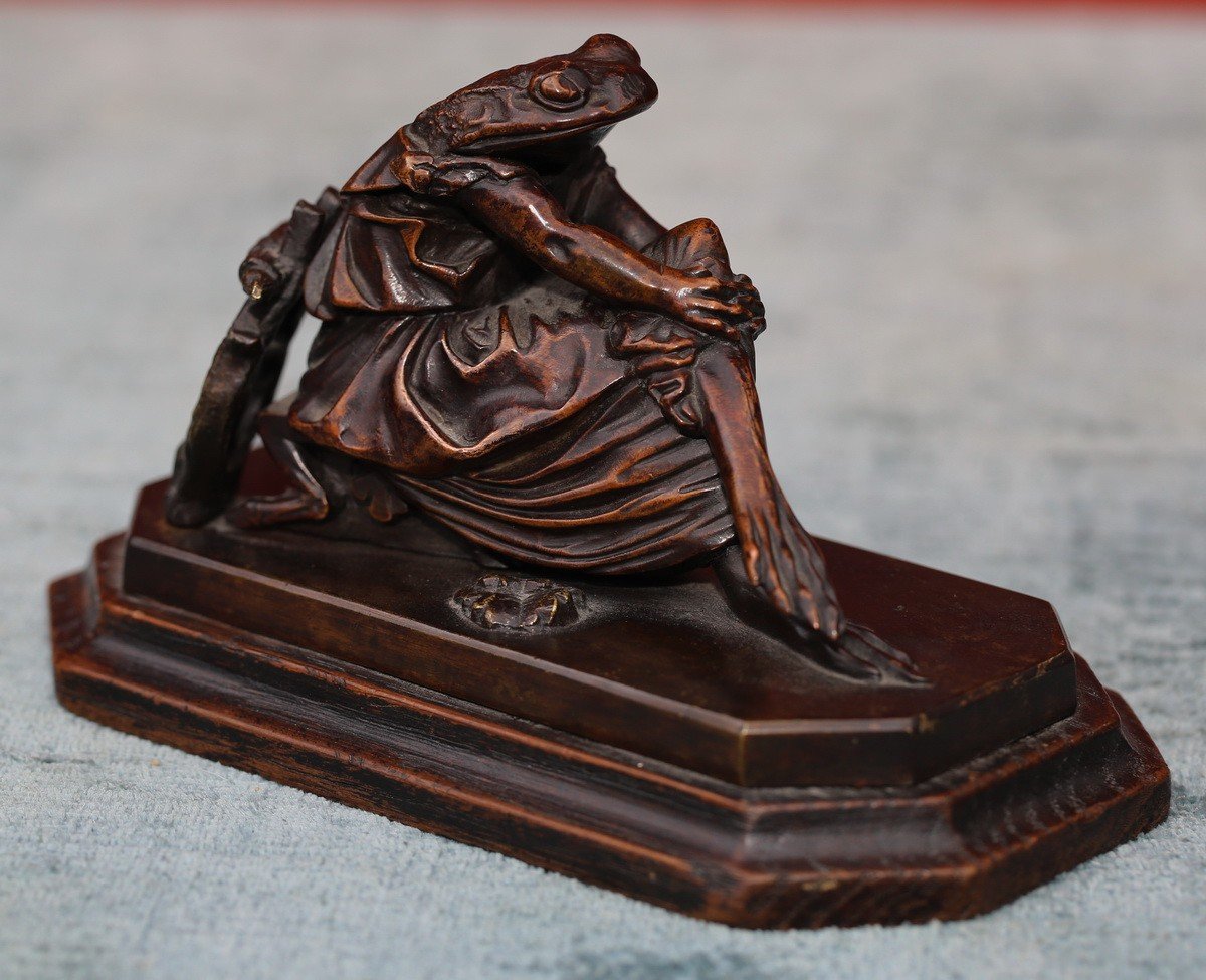 French School Around 1853, Frog, Caricature Of La Sappho By James Pradier, Bronze.