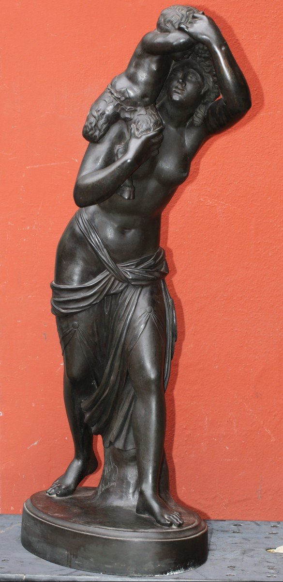 Jean Joseph Foucou 1739-1821 d'Après, Bacchante Portant Un Jeune Faune, Bronze Circa 1880