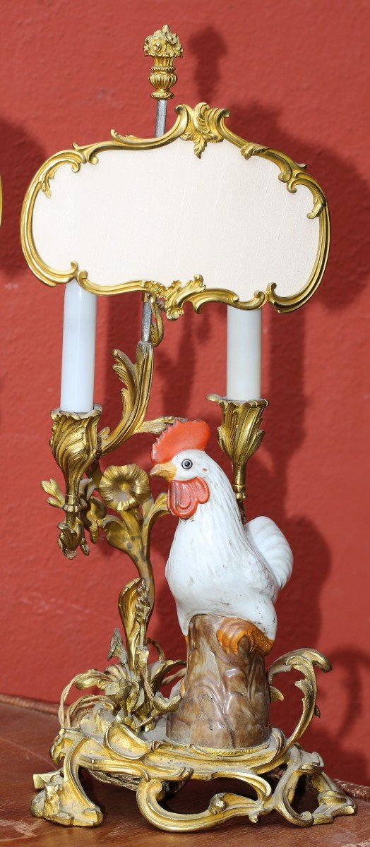 Paire De Lampe De Style Rocaille, Coq Sur Un Rocher, Circa 1900-photo-2