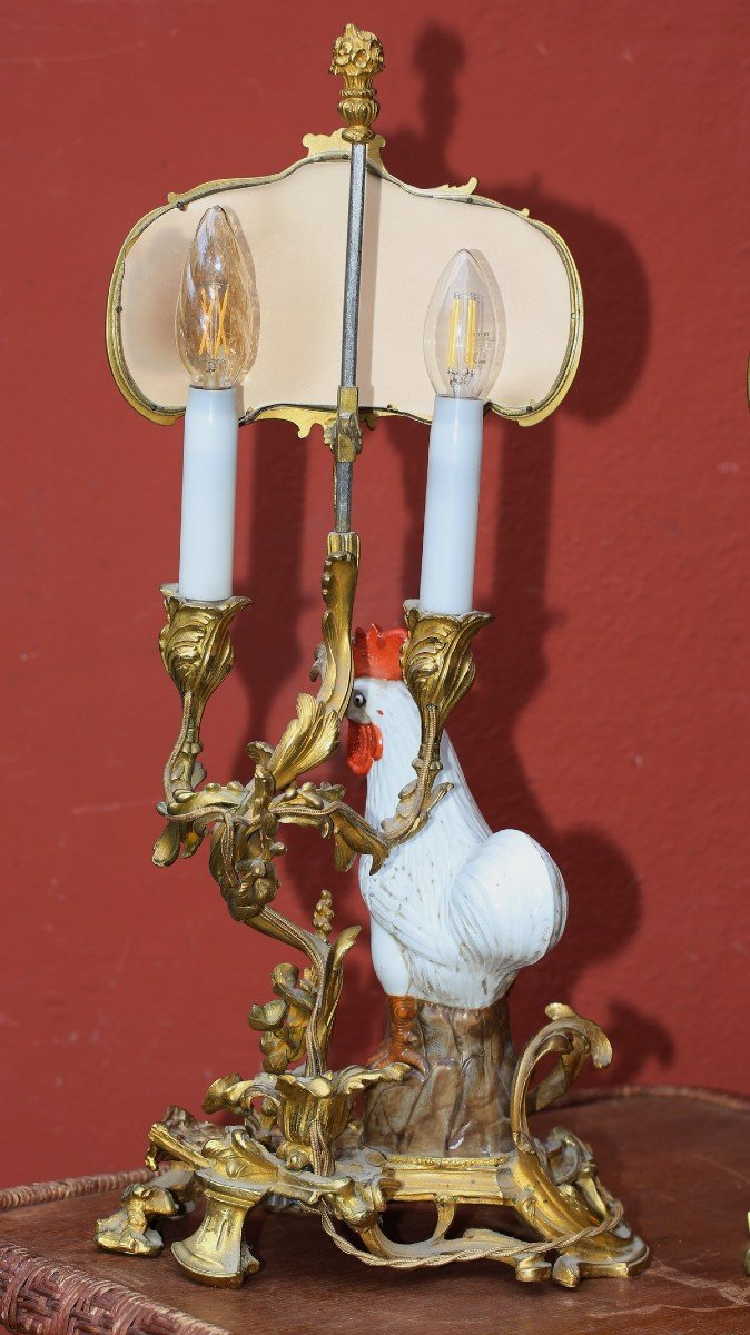 Paire De Lampe De Style Rocaille, Coq Sur Un Rocher, Circa 1900-photo-3