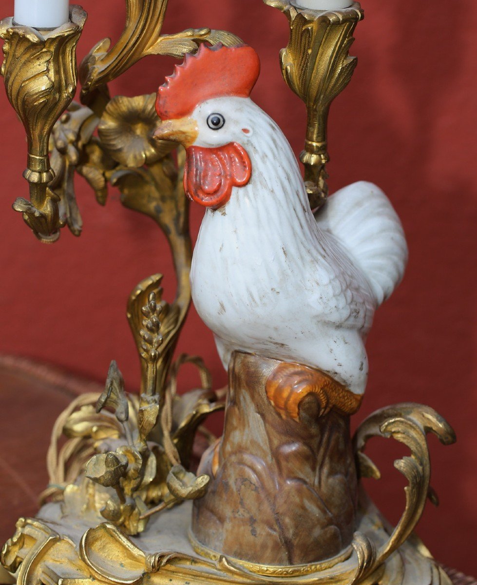 Paire De Lampe De Style Rocaille, Coq Sur Un Rocher, Circa 1900-photo-4